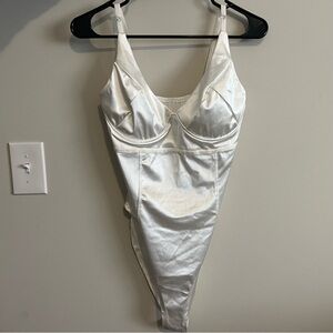 White Satin Bra with Plunging Neckline and Adjustable Straps